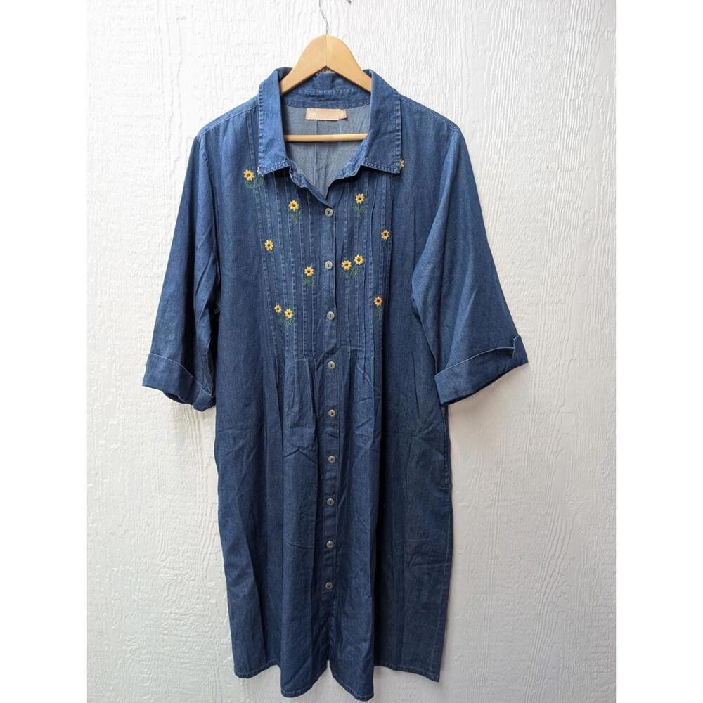 La Cera Dark Chambray Sunflower Embroidered Dress Pockets Women's Size XL